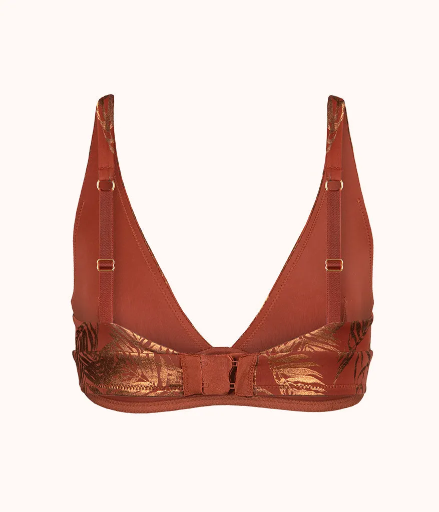 The Metallic Palm Plunge Bralette: Burnished Mahogany/Metallic Palm Print