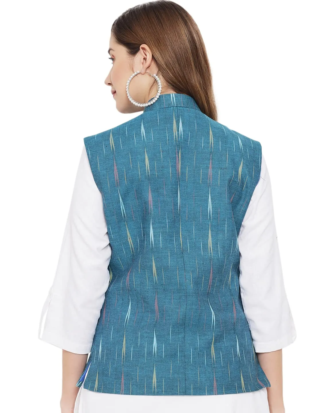 Vastraa Fusion Womens Ikat Printed Cotton Nehru Jacket (TS1433S-40_Teal Green-Small Arrow_40)