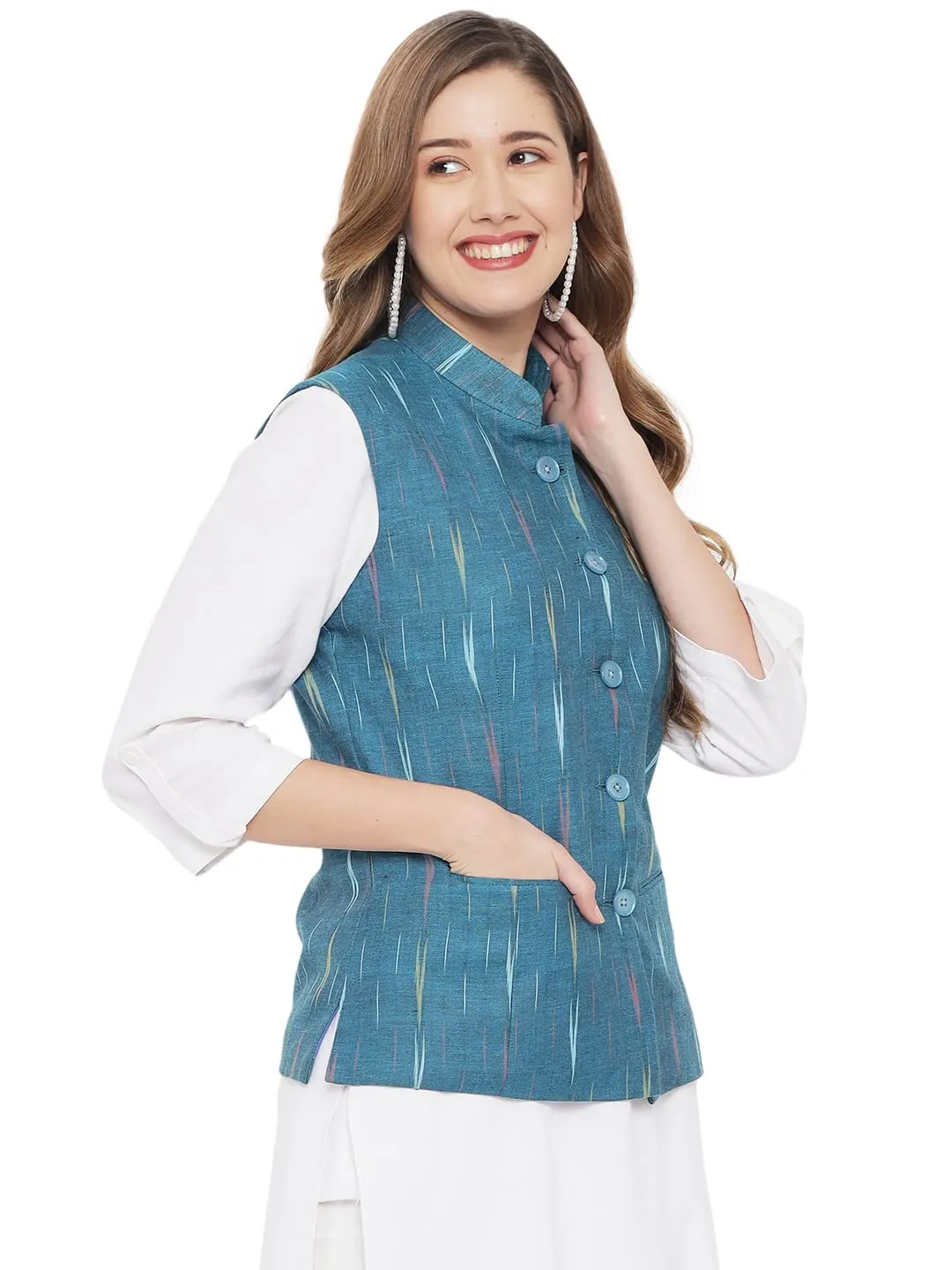 Vastraa Fusion Womens Ikat Printed Cotton Nehru Jacket (TS1433S-40_Teal Green-Small Arrow_40)