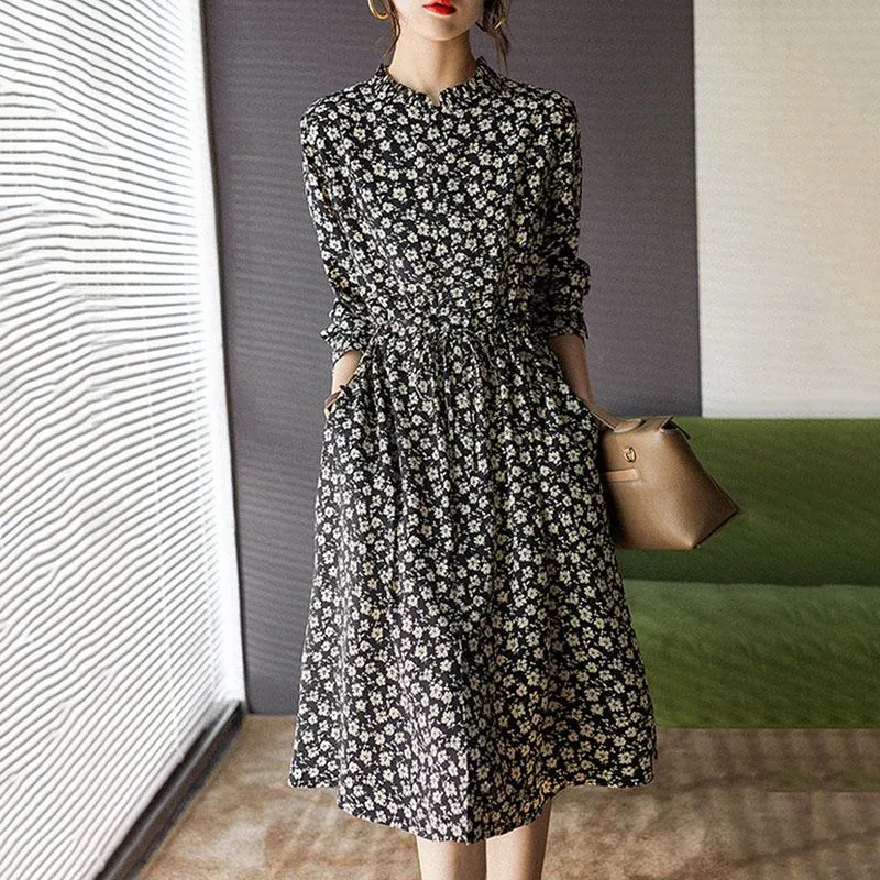 Versatile Waist Cinching Thickness Floral Print Dress