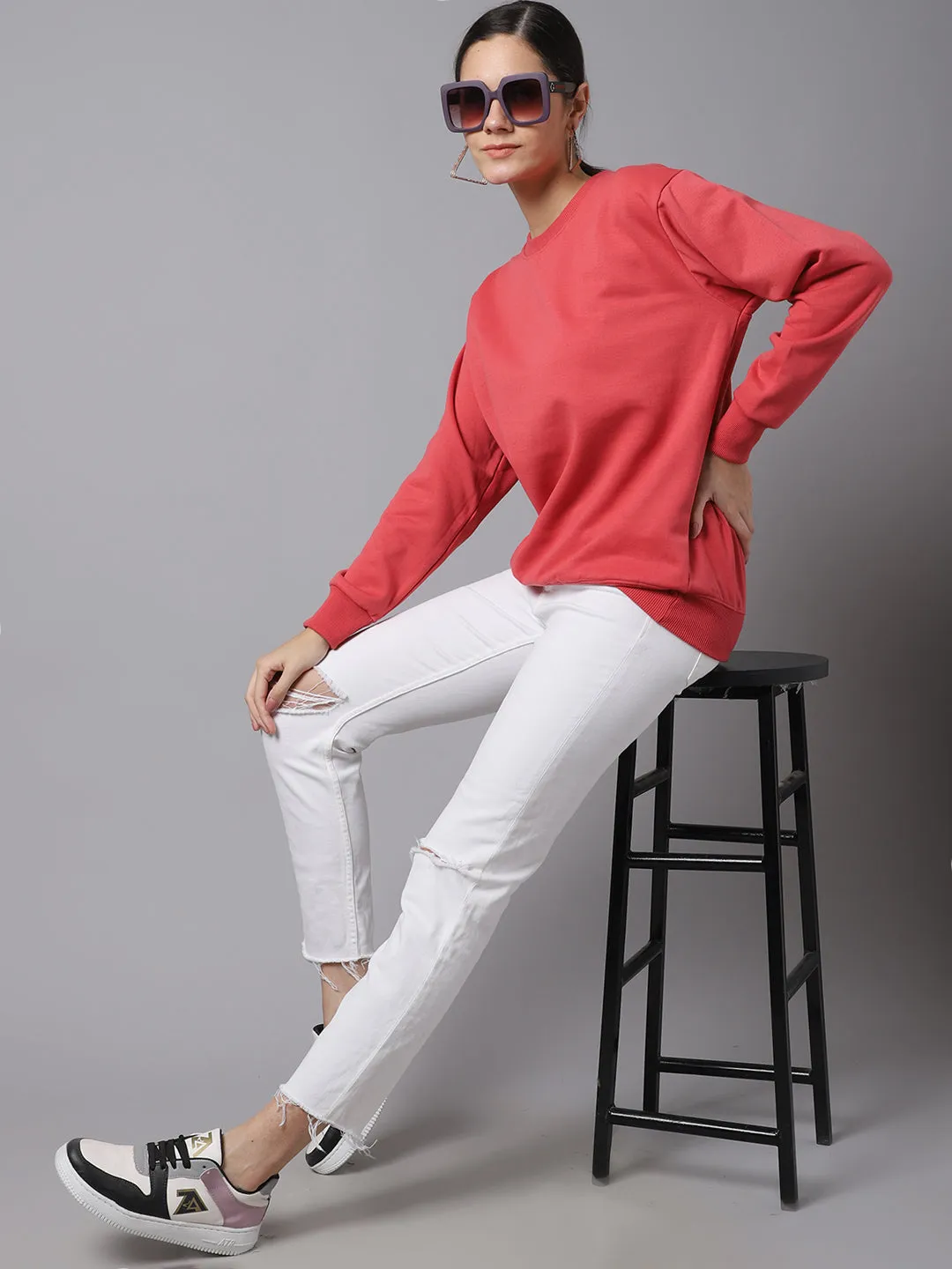 Vimal Jonney Fleece Round Neck Pink Sweatshirt For Women