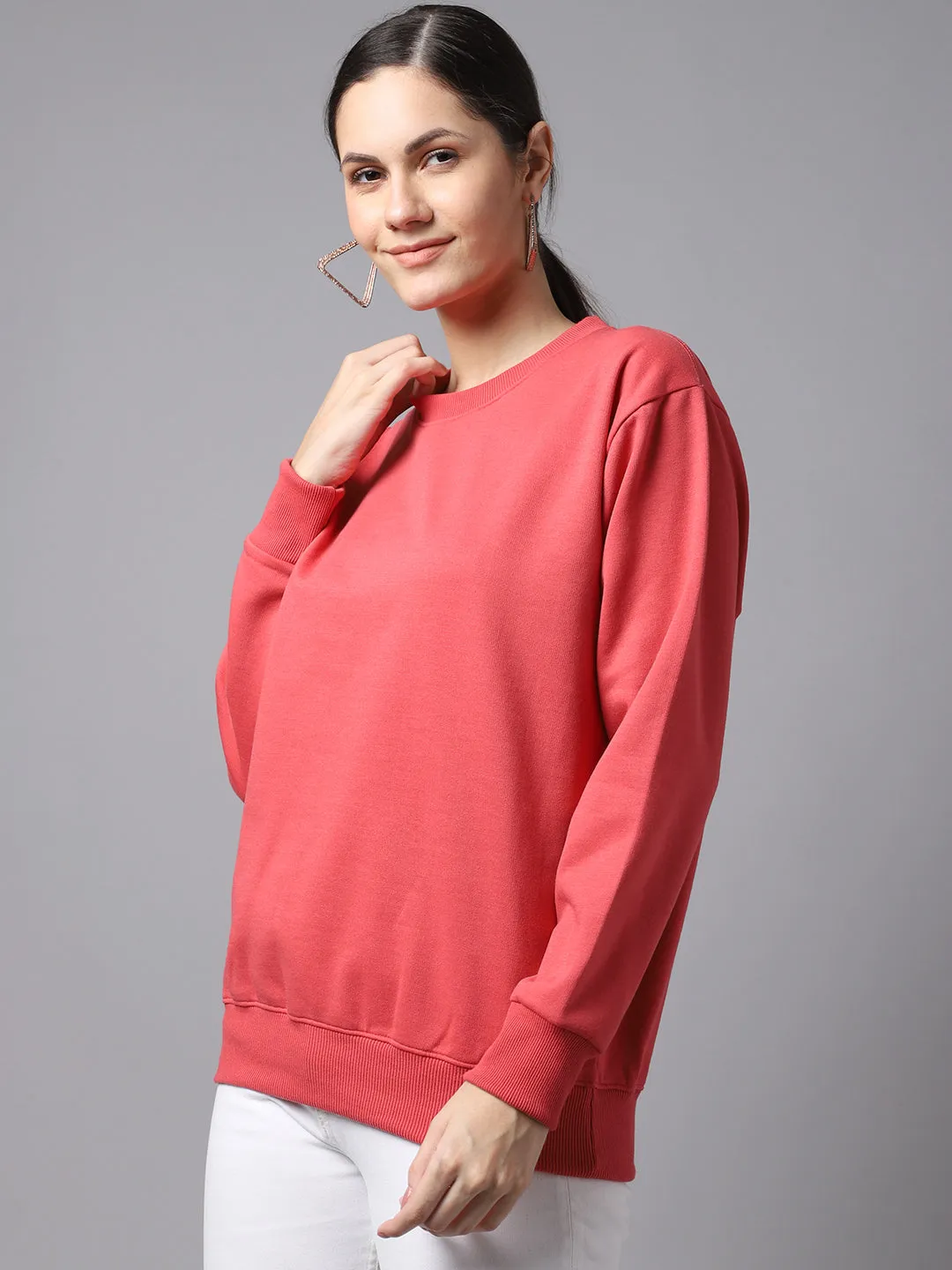 Vimal Jonney Fleece Round Neck Pink Sweatshirt For Women