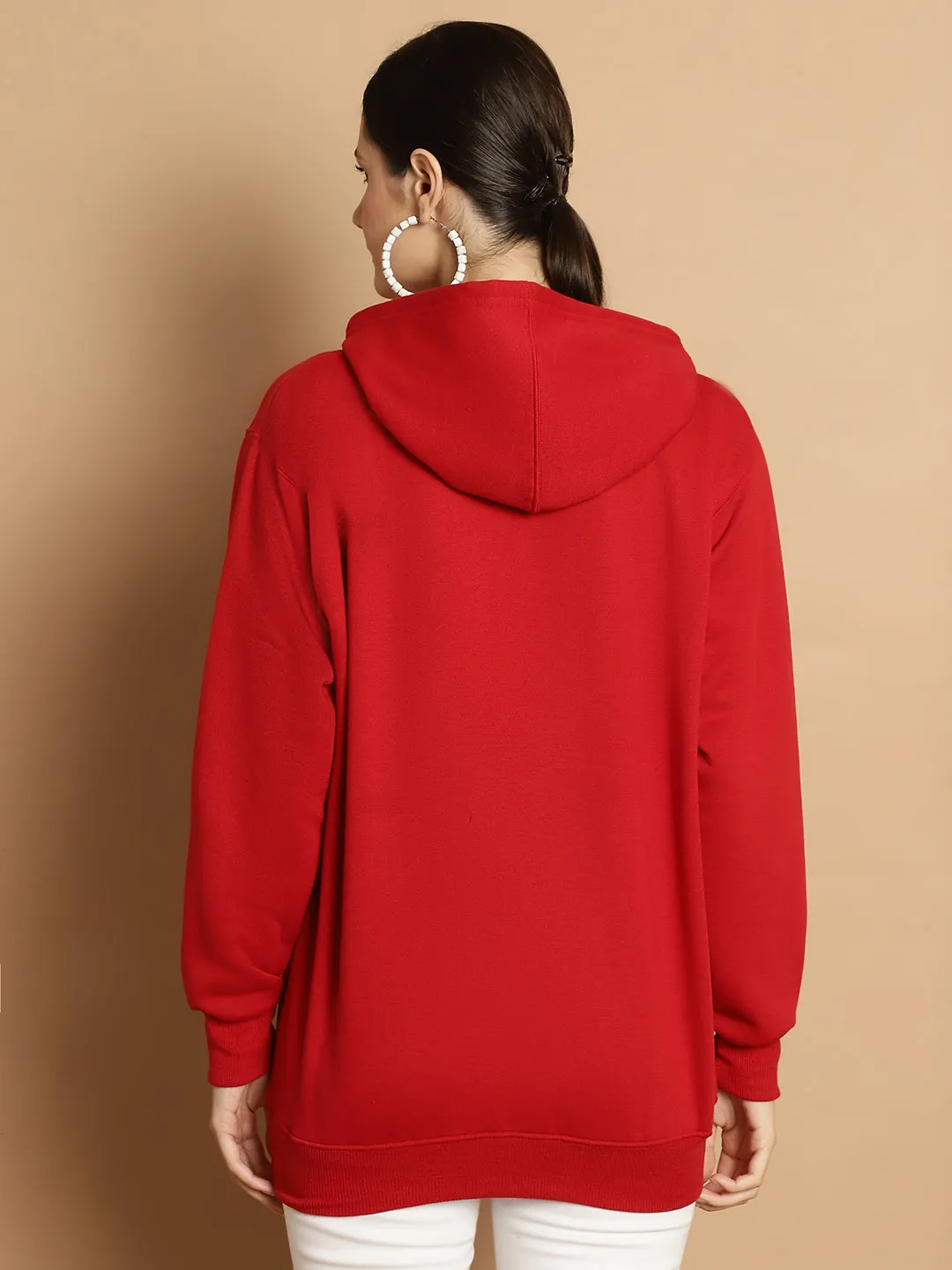 Vimal Jonney Maroon Printed Hooded Cotton Fleece Sweatshirt for Women