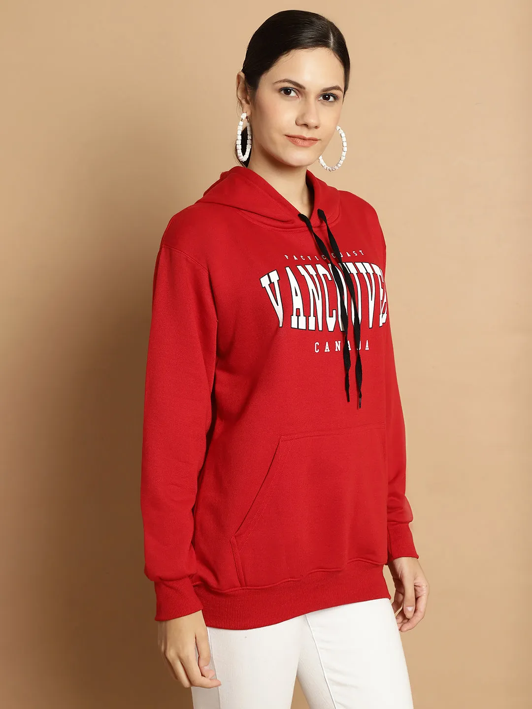 Vimal Jonney Maroon Printed Hooded Cotton Fleece Sweatshirt for Women