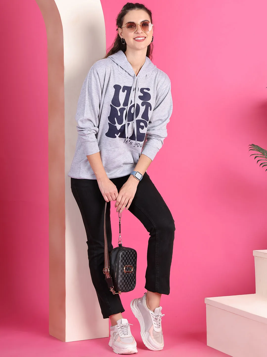 VimaL Jonney Regular Fit Grey Printed Hoodie For Women