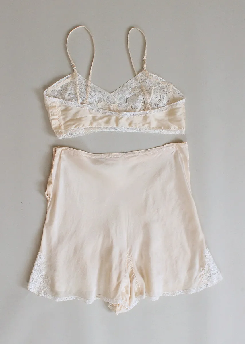 Vintage 1930s Ivory Silk and Lace Tap Pants and Bra Set