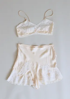 Vintage 1930s Ivory Silk and Lace Tap Pants and Bra Set