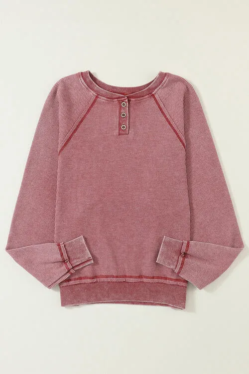 Waffle Knit Raglan Sleeve Henley Sweatshirt