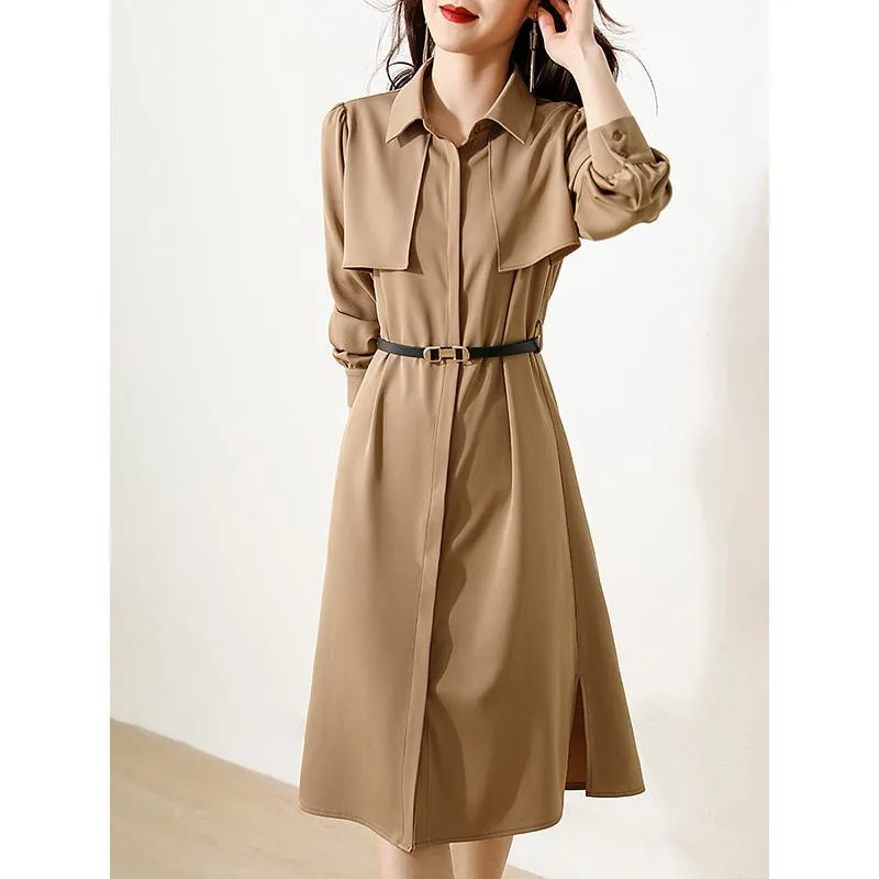 Waist Belt Brightening Effect Solid V-Neck Dress