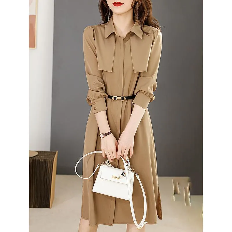 Waist Belt Brightening Effect Solid V-Neck Dress