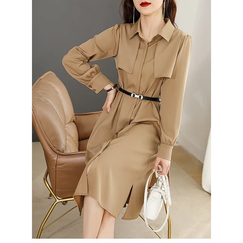 Waist Belt Brightening Effect Solid V-Neck Dress