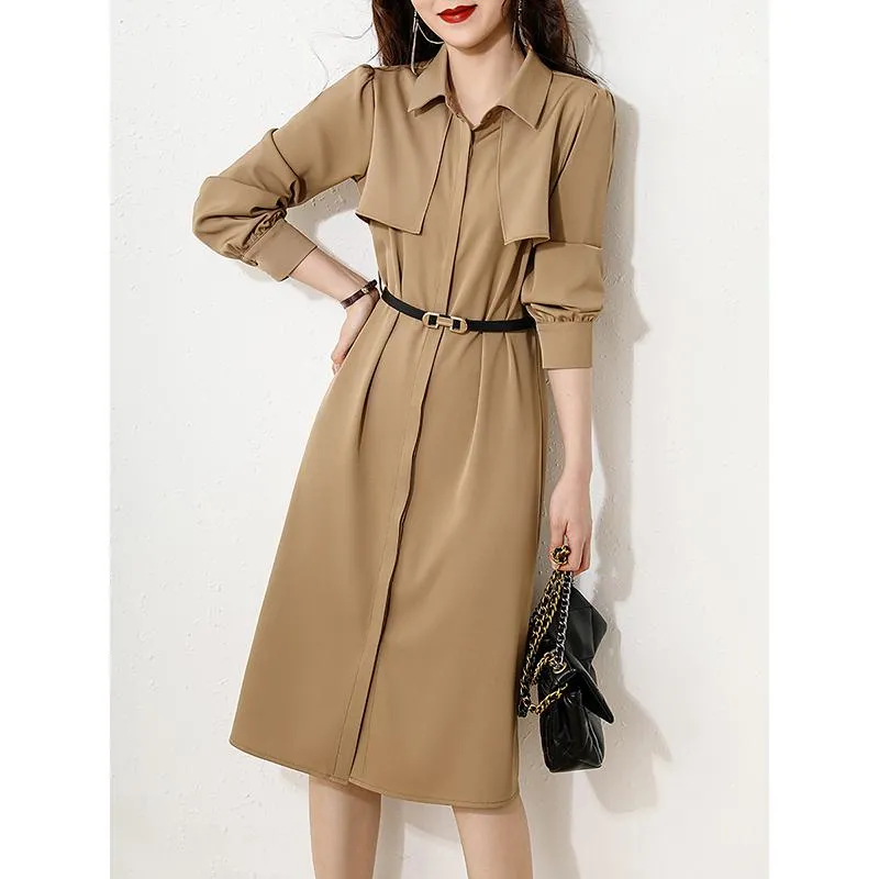 Waist Belt Brightening Effect Solid V-Neck Dress