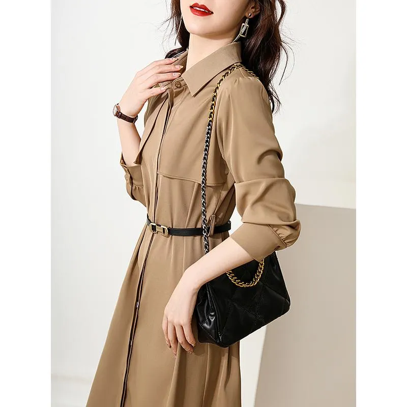 Waist Belt Brightening Effect Solid V-Neck Dress