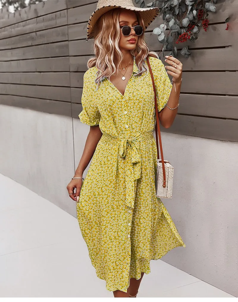 Wenkouban  2022 Women Floral Dress Summer Casual Short Sleeve Button Holiday Midi Dresses Female V-Neck Beach Boho Chic Dress Elegant Robe