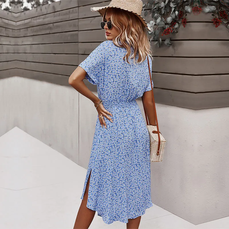 Wenkouban  2022 Women Floral Dress Summer Casual Short Sleeve Button Holiday Midi Dresses Female V-Neck Beach Boho Chic Dress Elegant Robe