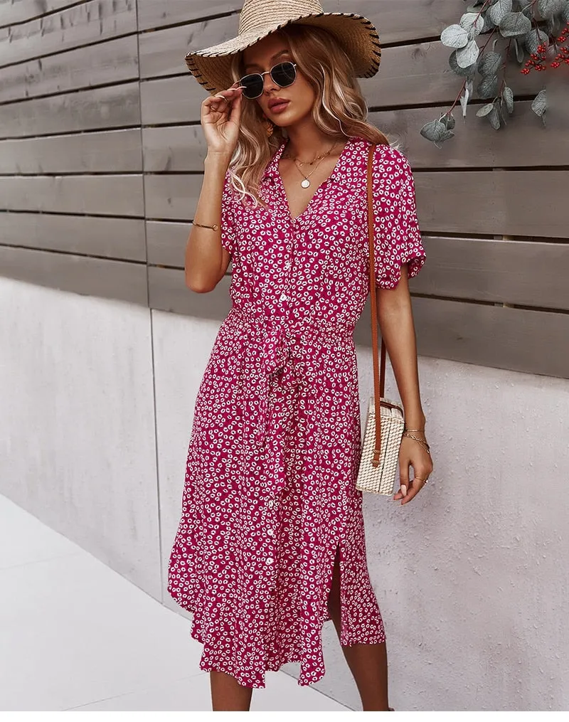 Wenkouban  2022 Women Floral Dress Summer Casual Short Sleeve Button Holiday Midi Dresses Female V-Neck Beach Boho Chic Dress Elegant Robe