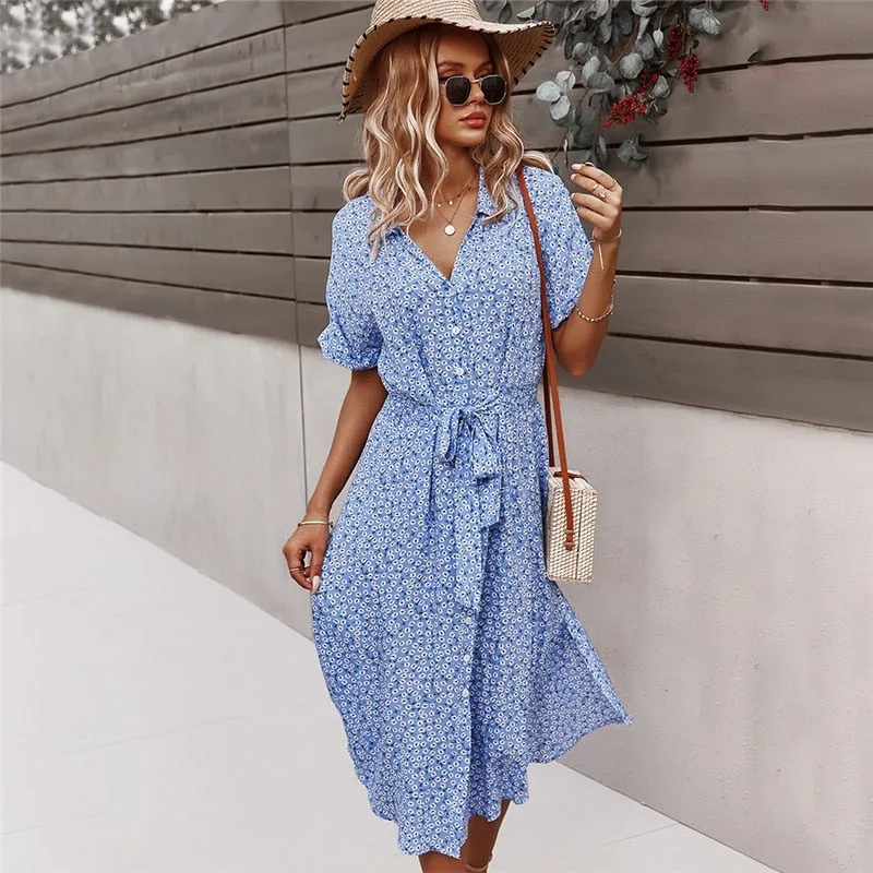 Wenkouban  2022 Women Floral Dress Summer Casual Short Sleeve Button Holiday Midi Dresses Female V-Neck Beach Boho Chic Dress Elegant Robe