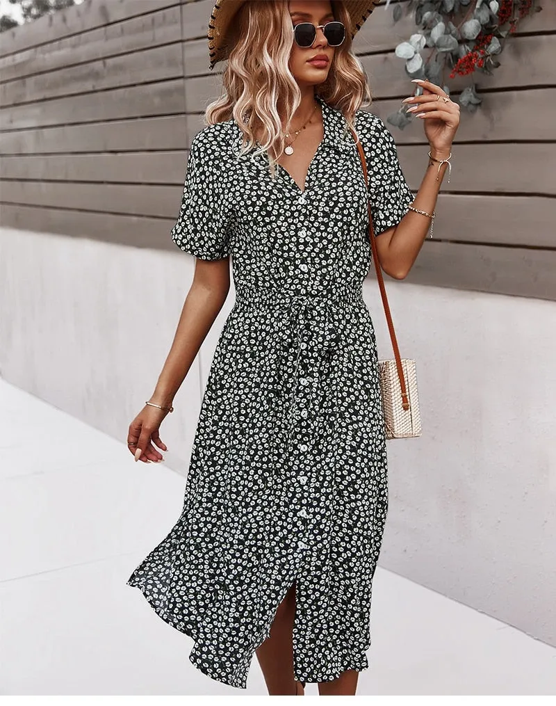 Wenkouban  2022 Women Floral Dress Summer Casual Short Sleeve Button Holiday Midi Dresses Female V-Neck Beach Boho Chic Dress Elegant Robe