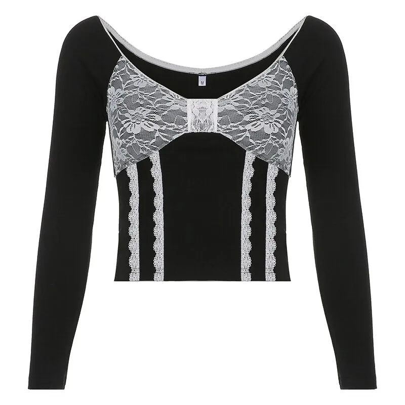 Wenkouban Full Sleeve Big V Neck Bow Patched Pullovers Y2k  Women Lace Crop Tie Up Top Kawaii T Shirt Fairycore Tees