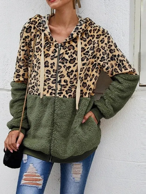 Wenkouban-Winter outfits Christmas Black Friday Autumn Patchwork Leopard Hooded Zip Up Jacket