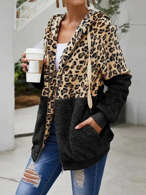 Wenkouban-Winter outfits Christmas Black Friday Autumn Patchwork Leopard Hooded Zip Up Jacket