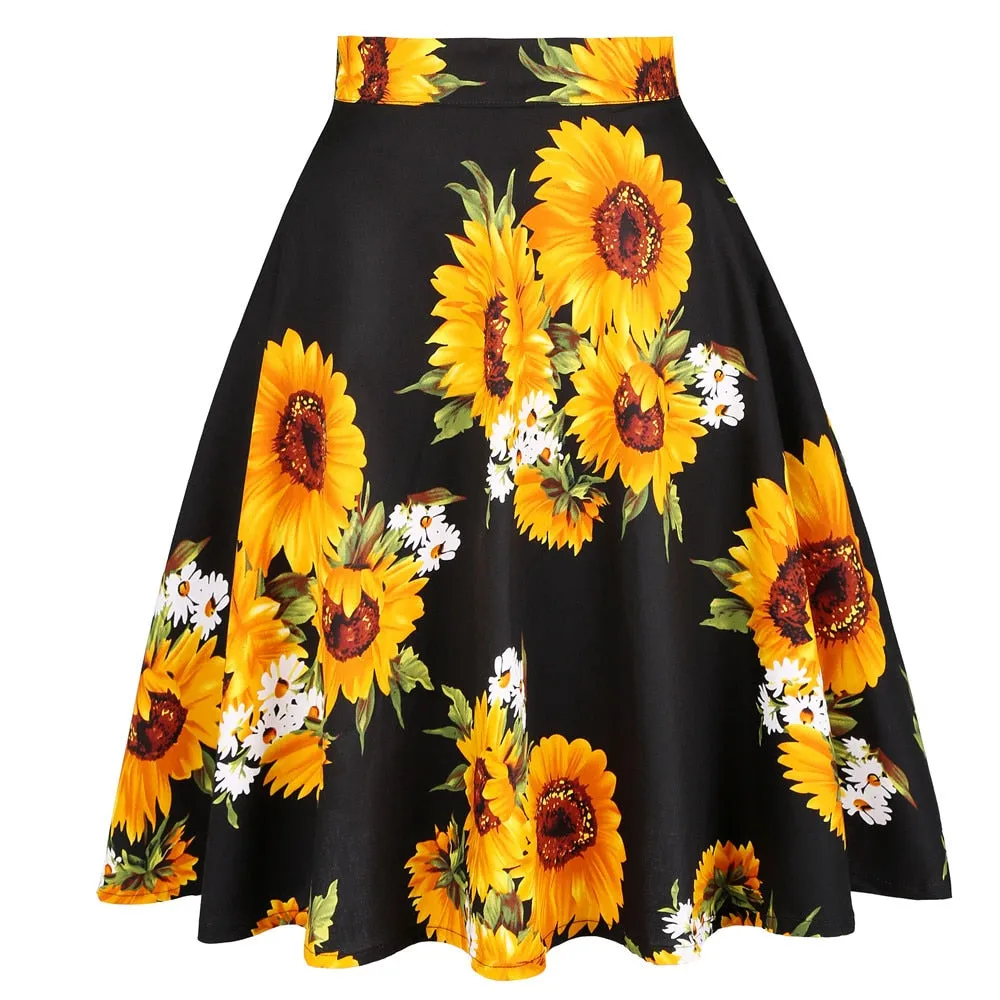 White Sunflower Cotton Casual Midi Skirt Plus Size 50s High Waist Retro Vintage Women's Swing Pinup Skirts Beach Boho Sundress