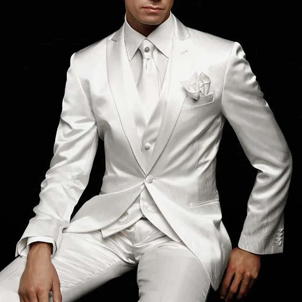 WIAOFELLAS White Wedding Man Suit Groom Tuxedos Slim Fit Prom Party Custom Satin Men Suits 3 Piece Jacket Pants Vest Male Blazer