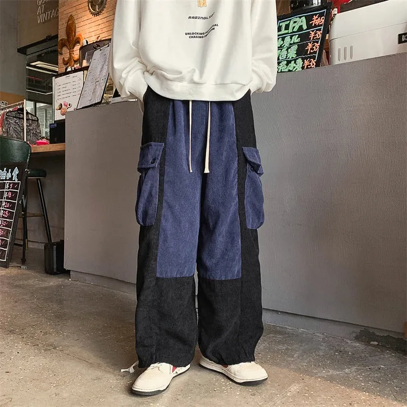 Wiaofellas  -  Winter Corduroy Wide Leg Men Pants Hit Color Spliced Cargo Big Pockets Pants Male Japanese Drawstring Cuff Rock Dance Pants