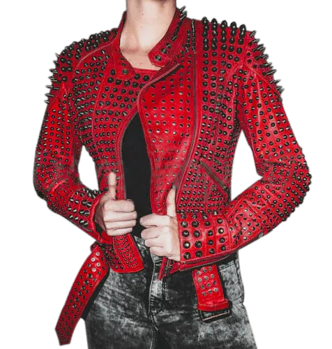 Women Motorcycle Punk Heavy Metal Spiked Tonal Black Studded Red Leather Jacket