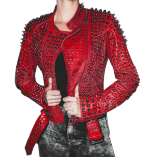 Women Motorcycle Punk Heavy Metal Spiked Tonal Black Studded Red Leather Jacket