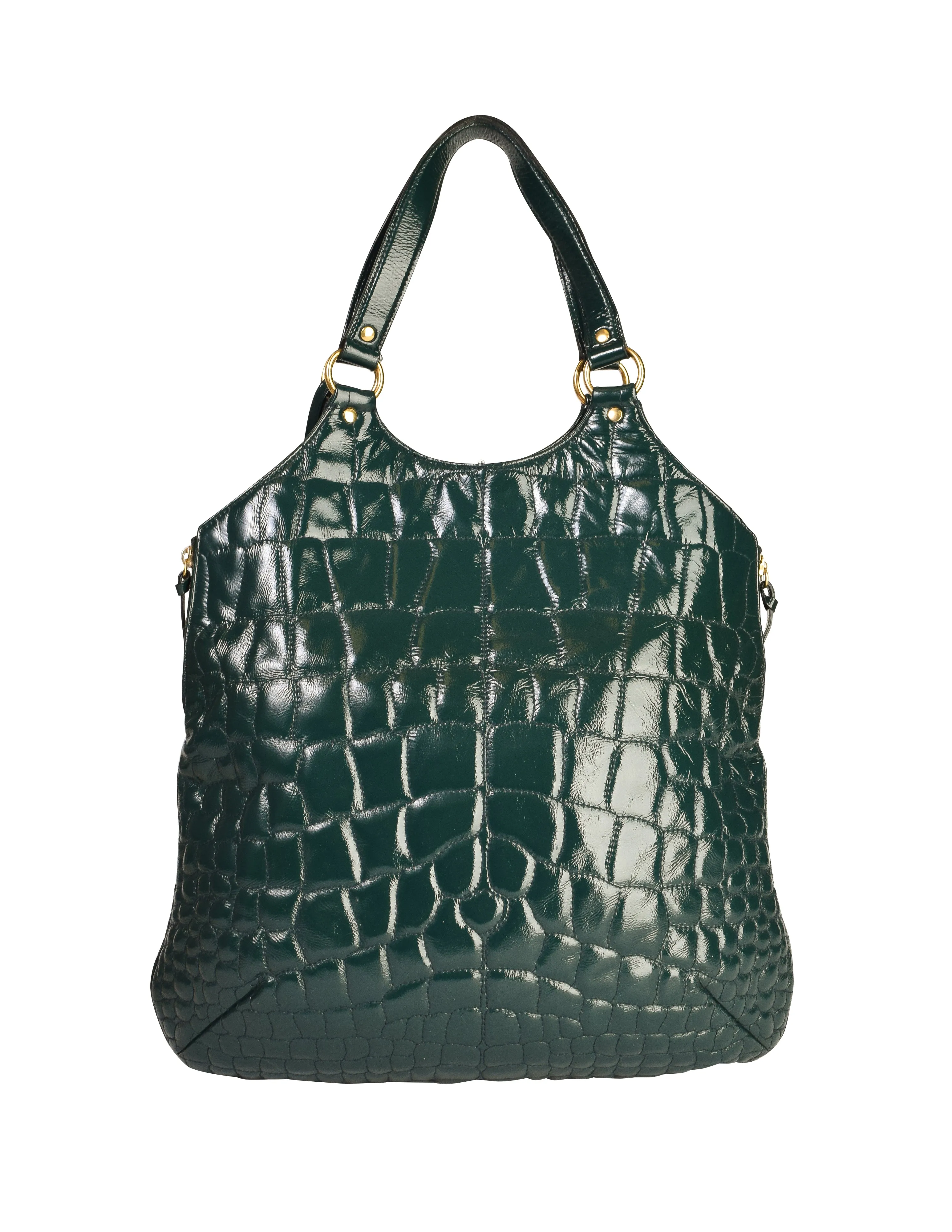 Yves Saint Laurent Vintage Dark Green Croc Embossed Patent Leather Metropolis Tribute Tote Bag