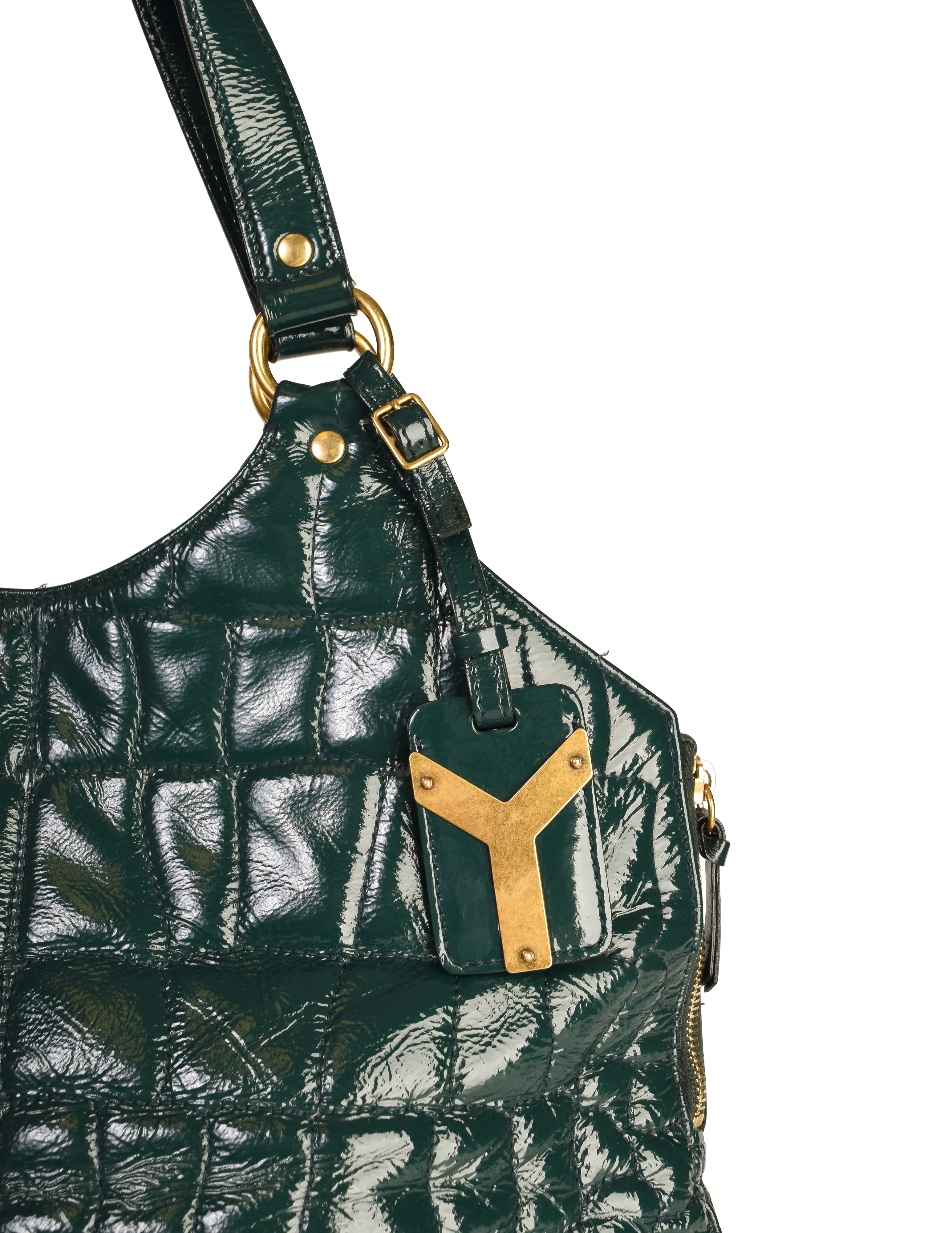 Yves Saint Laurent Vintage Dark Green Croc Embossed Patent Leather Metropolis Tribute Tote Bag