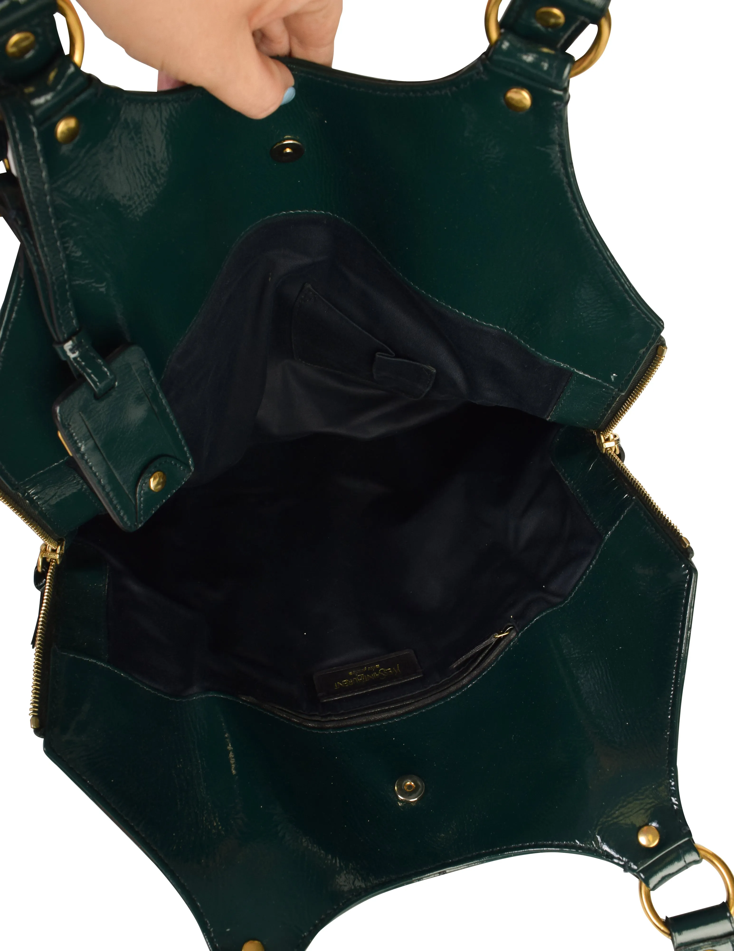 Yves Saint Laurent Vintage Dark Green Croc Embossed Patent Leather Metropolis Tribute Tote Bag