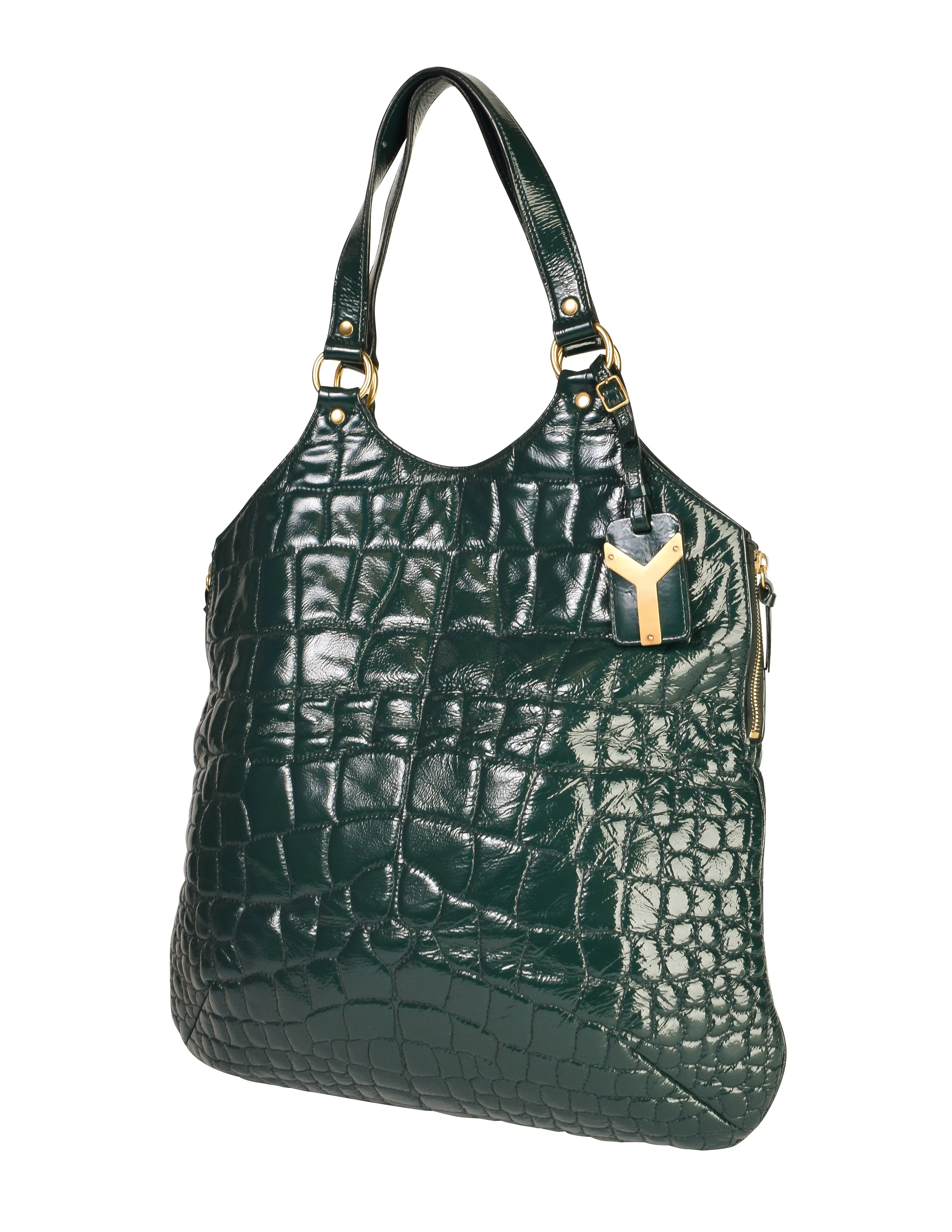 Yves Saint Laurent Vintage Dark Green Croc Embossed Patent Leather Metropolis Tribute Tote Bag