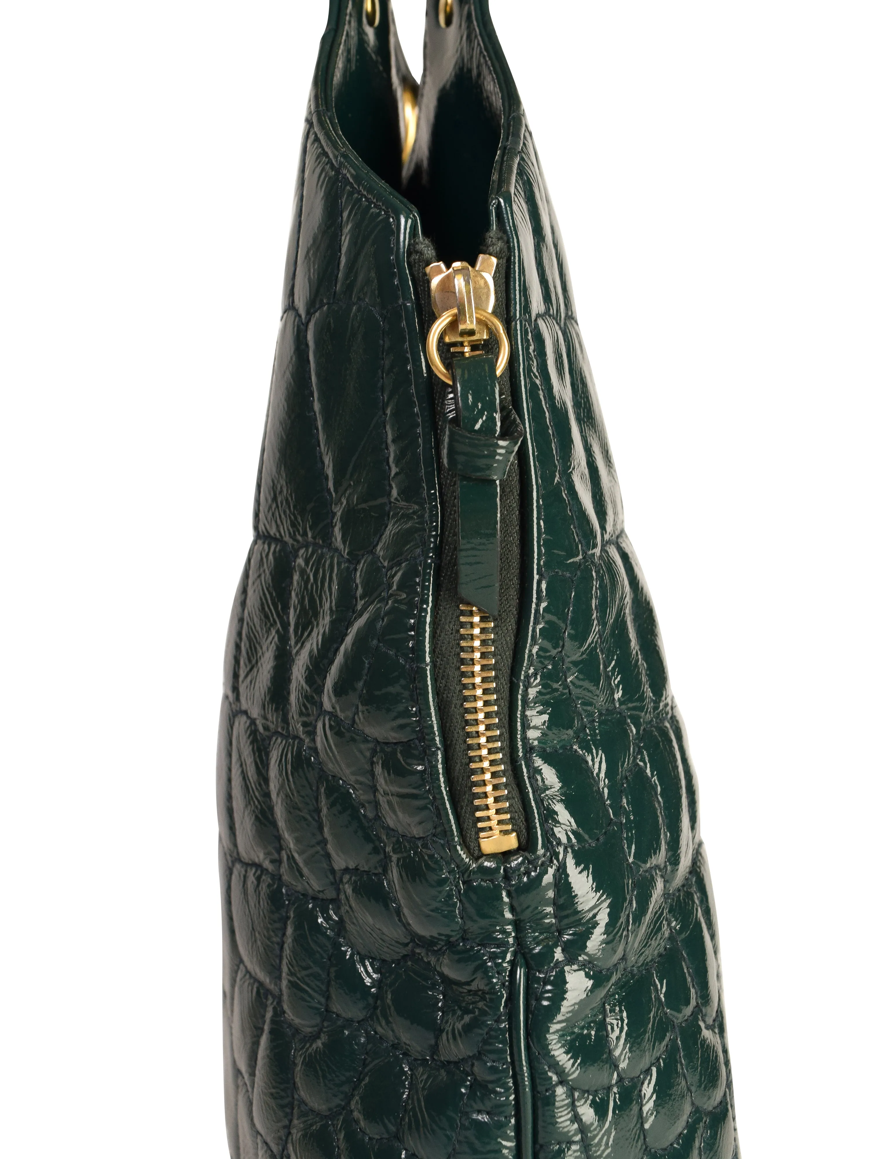 Yves Saint Laurent Vintage Dark Green Croc Embossed Patent Leather Metropolis Tribute Tote Bag