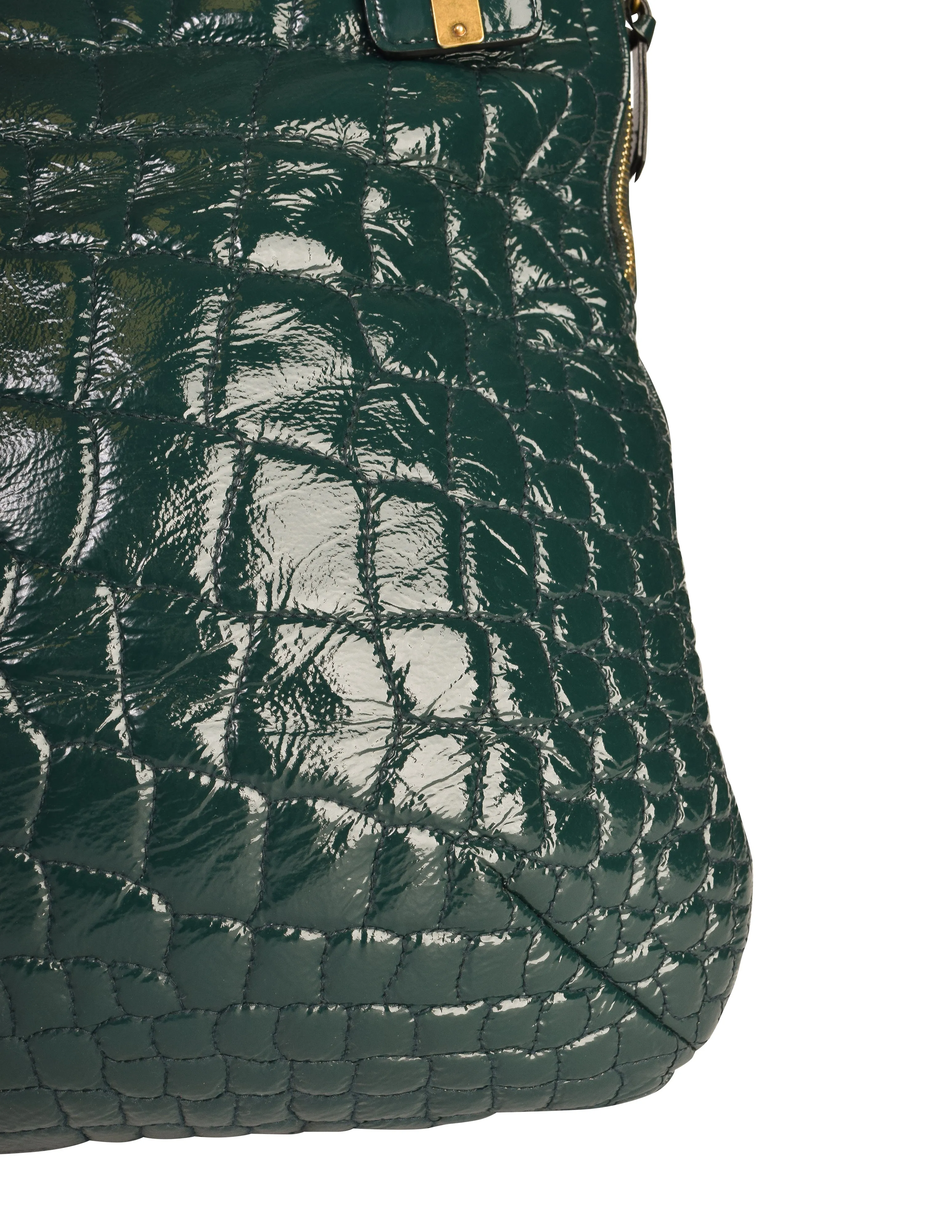 Yves Saint Laurent Vintage Dark Green Croc Embossed Patent Leather Metropolis Tribute Tote Bag